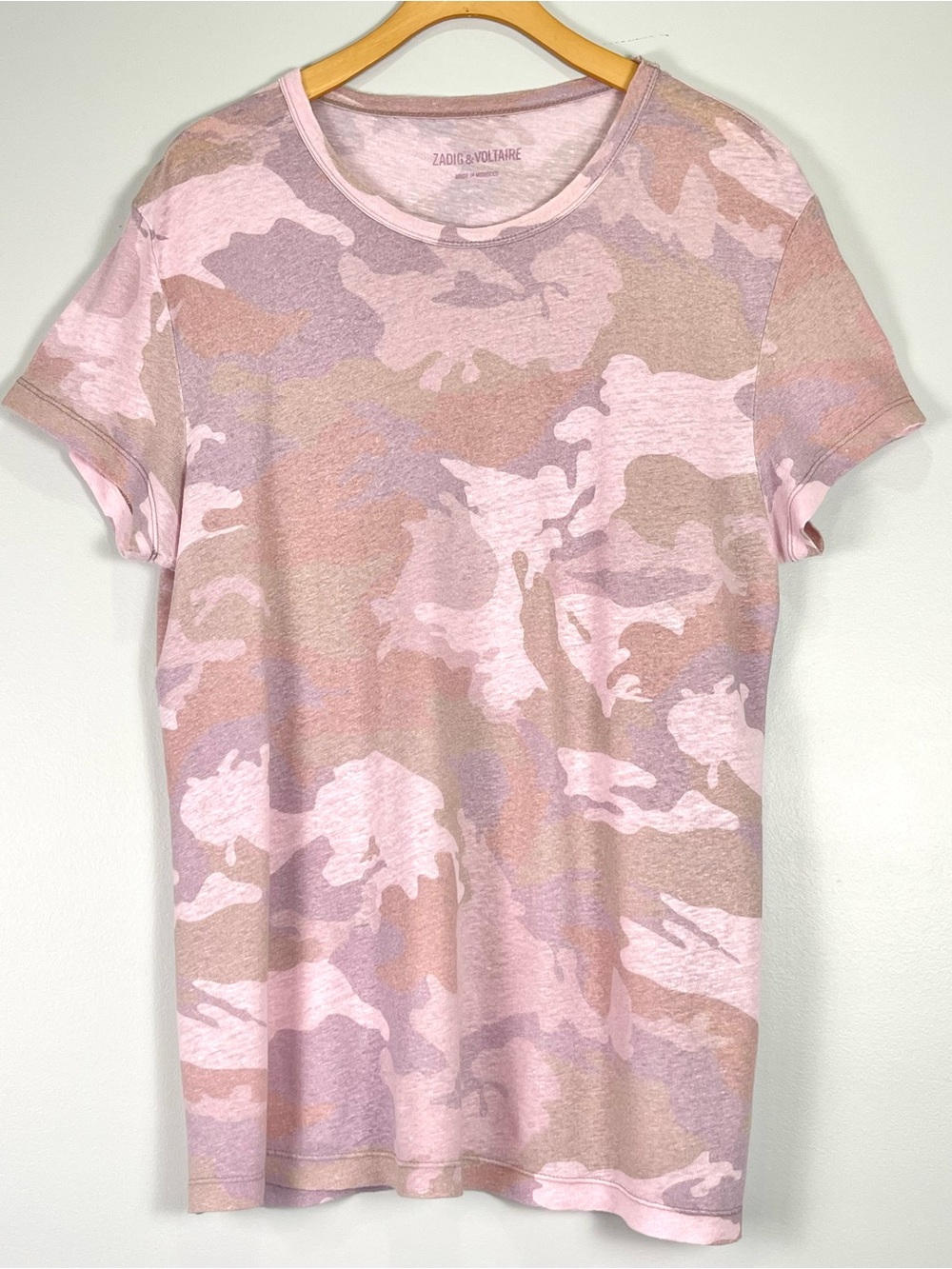 ZADIG & VOLTAIRE Women's Pink Camo 100% Linen Short Sleeve T-Shirt Size Medium